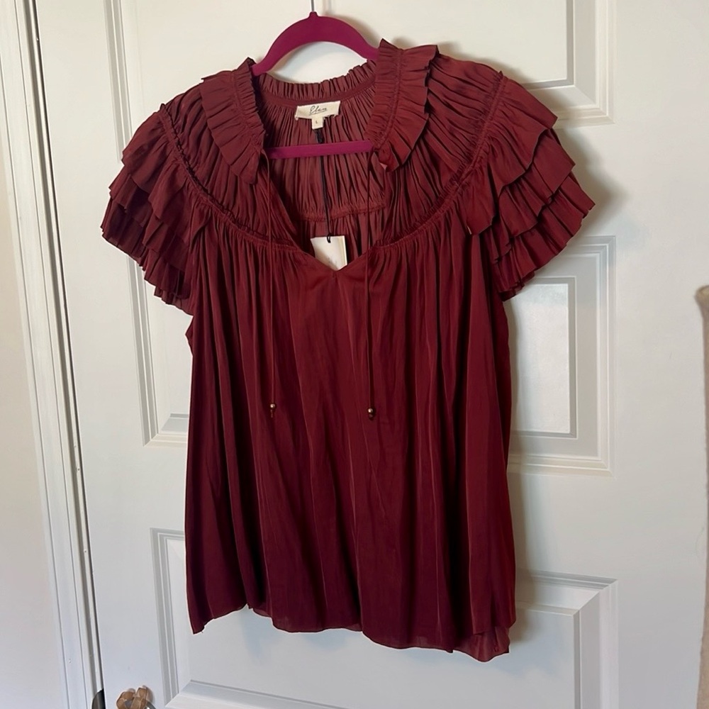 NWT Burgundy Elan Short Sleeve Ruffled Blouse - Picture 2 of 5